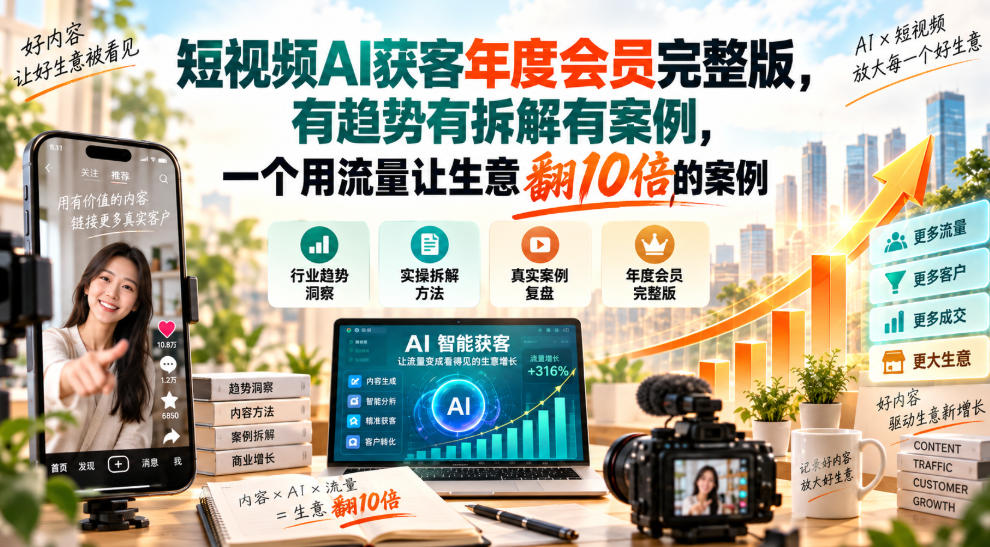 短视频AI获客年度会员完整版,有趋势有拆解有案例,一个用流量让生意翻10倍的案例-91副业网