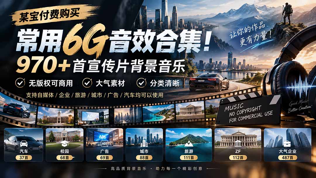 某宝付费购买,常用6G音效合集!970+首宣传片背景音乐,无版权可商用大气素材,分类清晰-91副业网