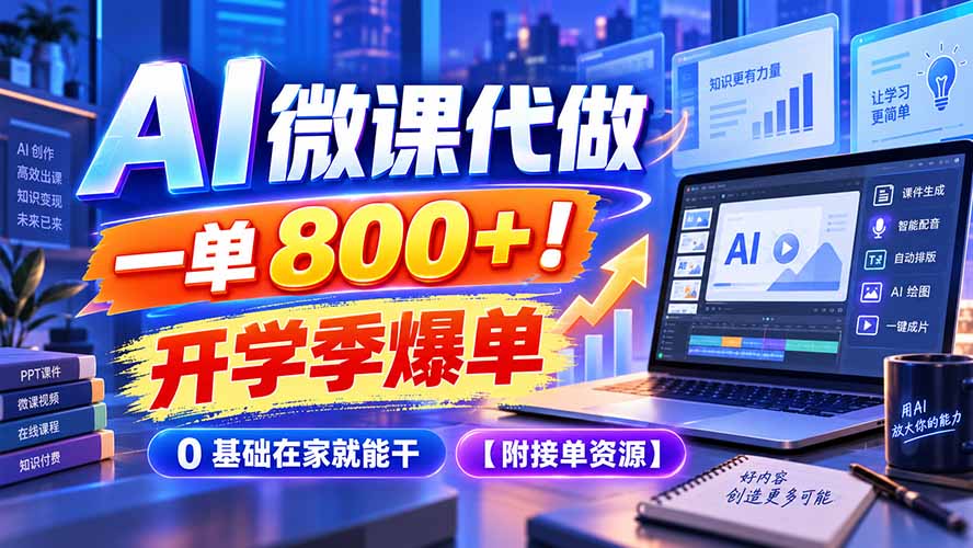 AI 微课代做,一单 800+!开学季爆单,0 基础在家就能干【附接单资源】-91副业网