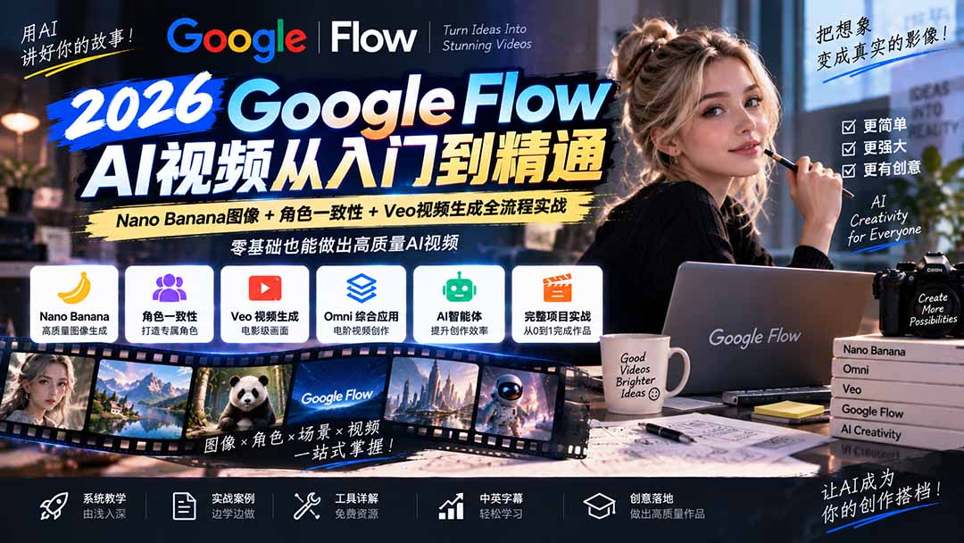 【无水印】Google Flow AI视频从入门到精通：Nano Banana图像+角色一致性+Veo视频生成全流程实战-精翻中英字幕-91副业网