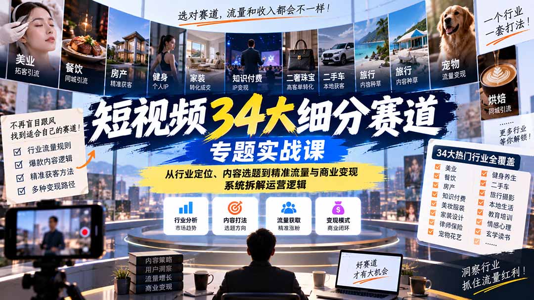 短视频34大细分赛道专题实战课：从行业定位、内容选题到精准流量与商业变现，系统拆解运营逻辑-91副业网