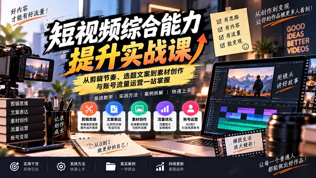 短视频综合能力提升实战课：从剪辑节奏、选题文案到素材创作与账号流量运营一站掌握-91副业网