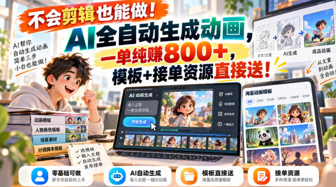 不会剪辑也能做！AI全自动生成动画，一单纯賺800+，模板+接单资源直接送！【揭秘】-91副业网