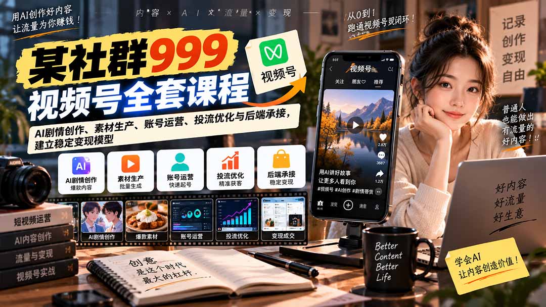 【无水印】某社群999视频号全套课程：AI剧情创作、素材生产、账号运营、投流优化与后端承接，建立稳定变现模型-91副业网