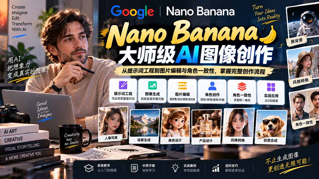 【无水印】Nano Banana大师级AI图像实战课：从提示词工程到图片编辑与角色一致性，掌握完整创作流程-91副业网