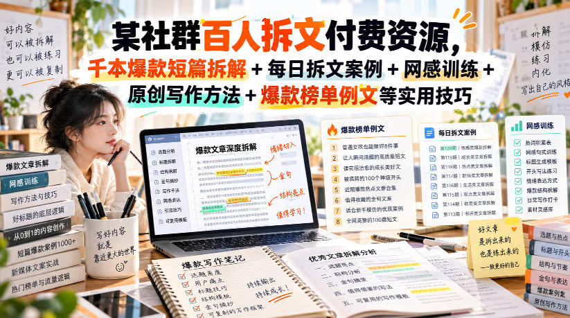 某社群百人拆文付费资源,千本爆款短篇拆解+每日拆文案例+网感训练+原创写作方法+爆款榜单例文等实用技巧(持续更新)-91副业网