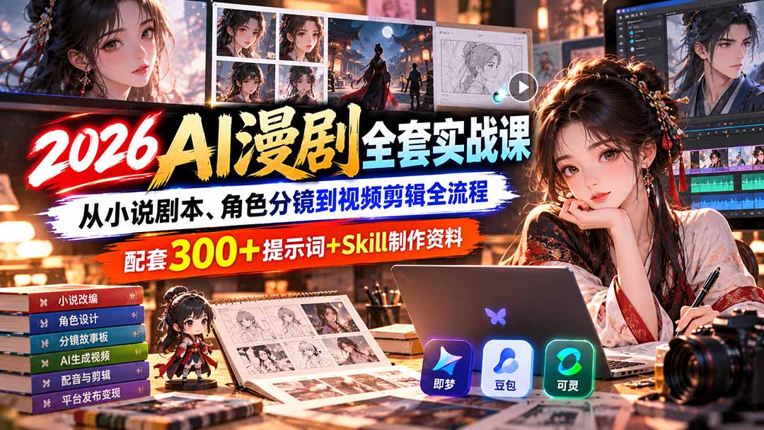 【无水印】2026AI漫剧全套实战课：从小说剧本、角色分镜到视频剪辑全流程，配套300+提示词+Skill制作资料-91副业网