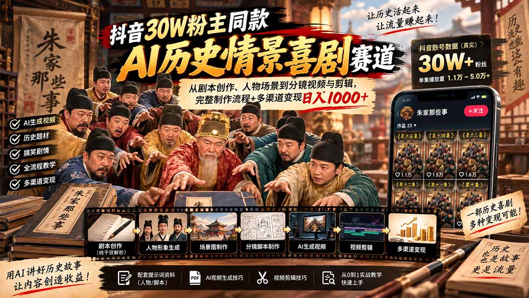 抖音30W粉博主同款AI历史情景喜剧赛道：从剧本创作、人物场景到分镜视频与剪辑，完整制作流程+多渠道变现日入1000+-91副业网