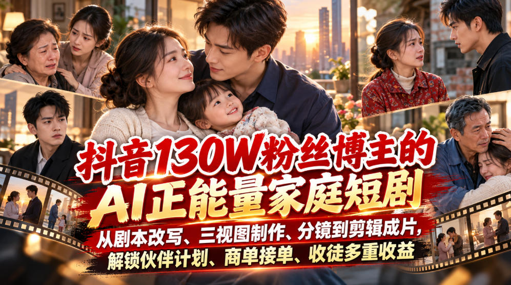 抖音130W粉丝博主的AI正能量家庭短剧,从剧本改写、三视图制作、分镜到剪辑成片,解锁伙伴计划、商单接单、收徒多重收益-91副业网