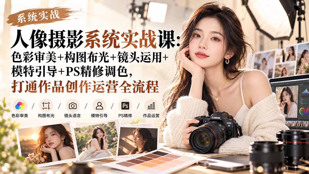 【无水印】人像摄影系统实战课:色彩审美+构图布光+镜头运用+模特引导+PS精修调色,打通作品创作运营全流程-91副业网