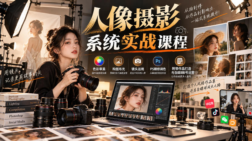 【无水印】人像摄影系统实战课程,色彩审美、构图布光、镜头运用、PS精修调色,附带作品打造与自媒体账号运营-91副业网