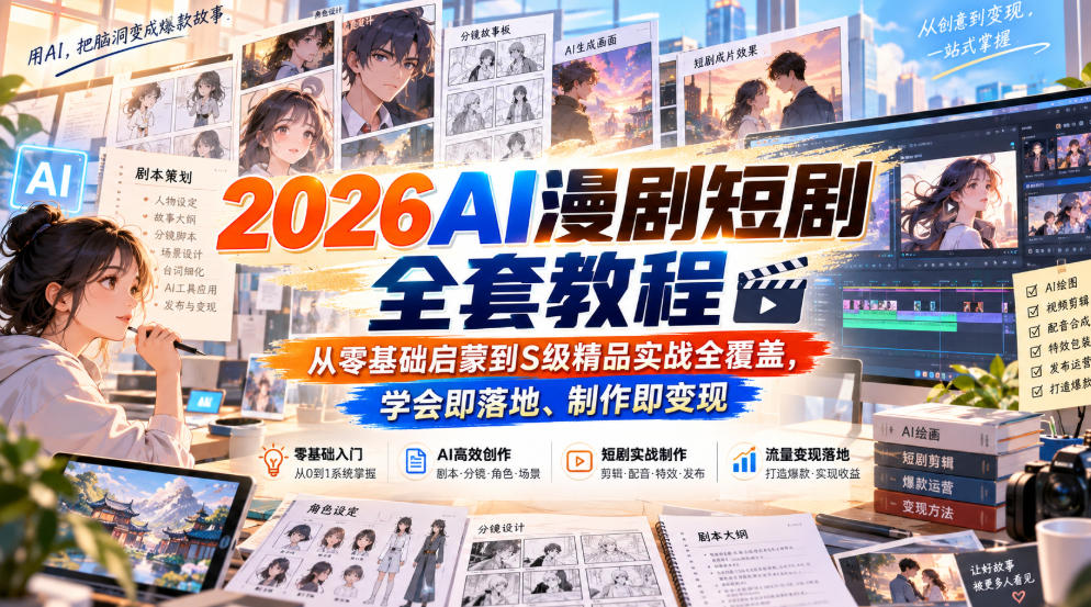 2026AI漫剧短剧全套教程，从零基础启蒙到S级精品实战全覆盖，学会即落地、制作即变现-91副业网