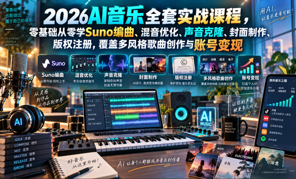 2026AI音乐实战课程,零基础从零学Suno编曲、混音优化、声音克隆、版权注册,覆盖多风格歌曲创作与账号变现(更新0924)-91副业网