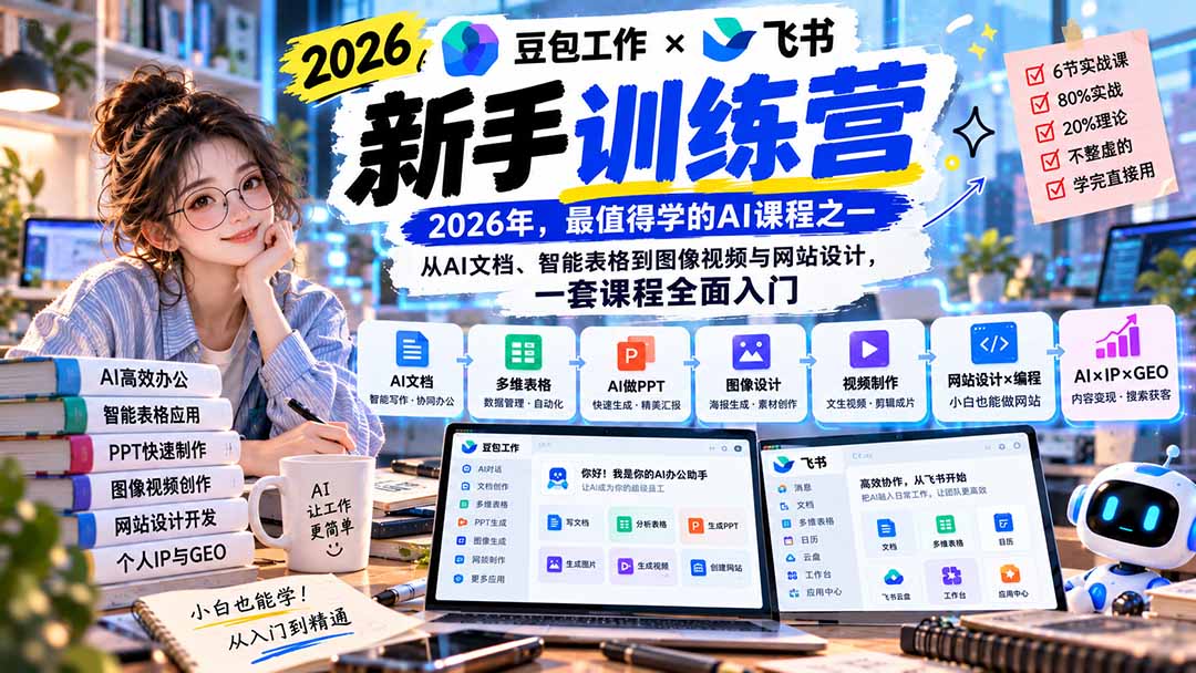 2026豆包工作+飞书新手训练营-9月新课：从AI文档、智能表格到图像视频与网站设计，一套课程全面入门-91副业网