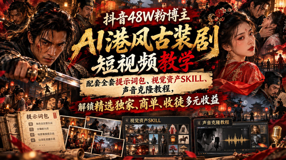 抖音48W粉博主AI港风古装剧短视频教学，配套全套提示词包、视觉资产SKILL、声音克隆教程，解锁精选独家、商单、收徒多元收益-91副业网