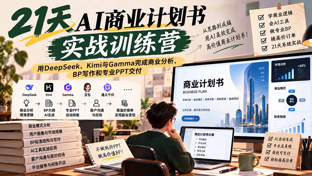 【无水印】21天AI商业计划书实战训练营：用DeepSeek、Kimi与Gamma完成商业分析、BP写作和专业PPT交付-91副业网