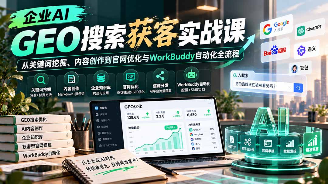企业AI GEO搜索获客实战课：从关键词挖掘、内容创作到官网优化与WorkBuddy自动化全流程-91副业网