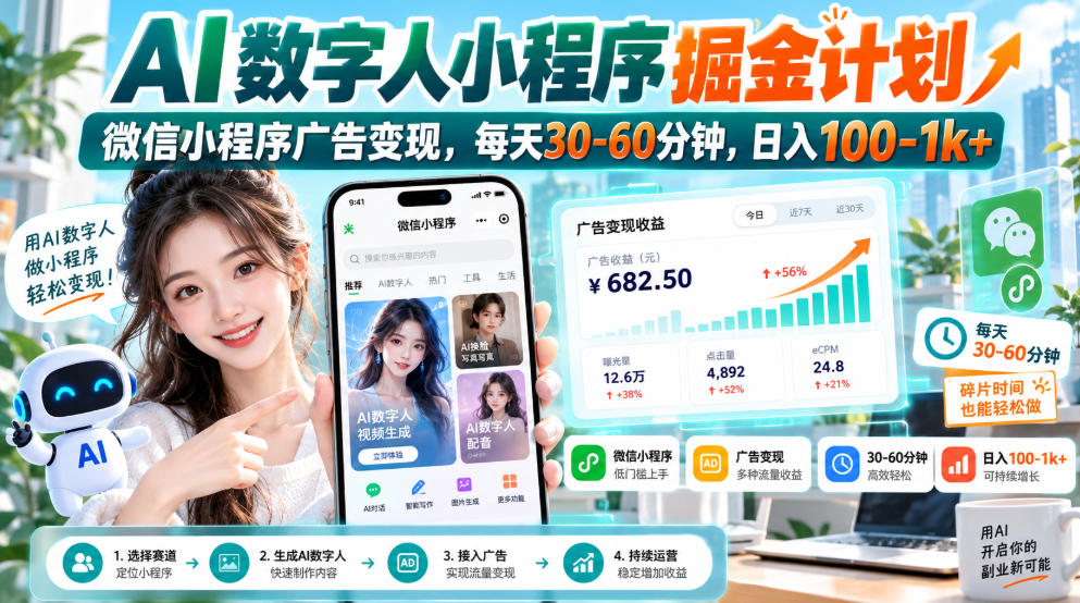 【无水印】AI数字人小程序掘金计划，微信小程序广告变现，每天30‑60分钟，日入100‑1k+-91副业网