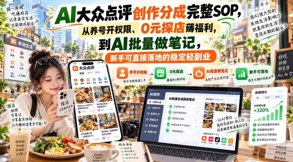 【无水印】AI大众点评创作分成完整SOP,从养号开权限、0元探店薅福利,到AI批量做笔记,新手可直接落地的稳定轻副业-91副业网