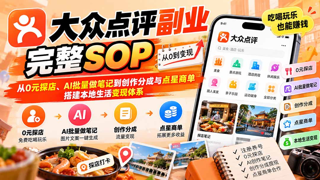 【无水印】大众点评副业完整SOP：从0元探店、AI批量做笔记到创作分成与点星商单，搭建本地生活变现体系-91副业网
