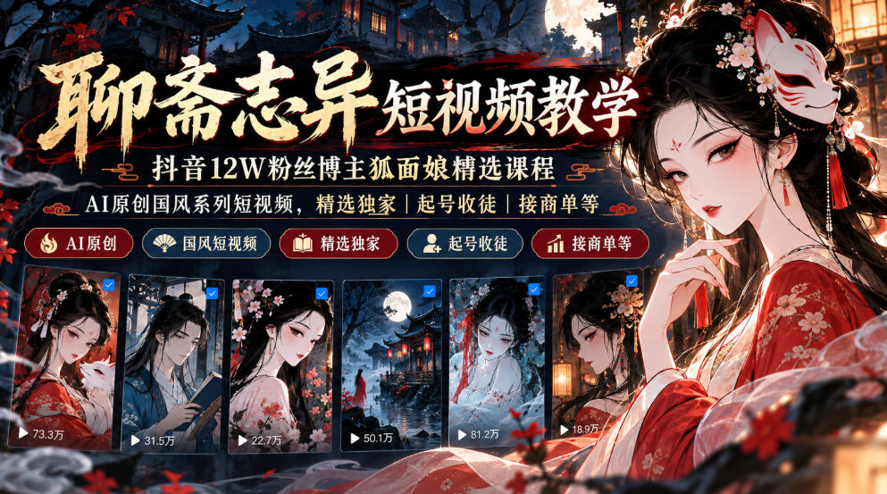 聊斋志异短视频教学,抖音12W粉丝博主狐面娘精选课程,AI原创国风系列短视频,精选独家丨起号收徒丨接商单等-91副业网