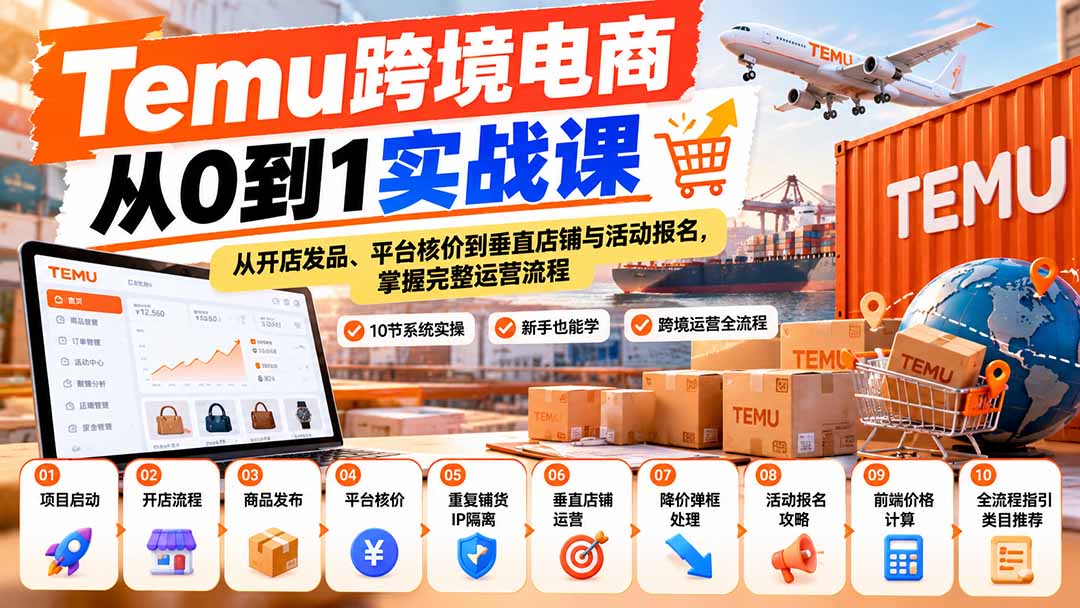 【无水印】Temu跨境电商从0到1实战课：从开店发品、平台核价到垂直店铺与活动报名，掌握完整运营流程-91副业网