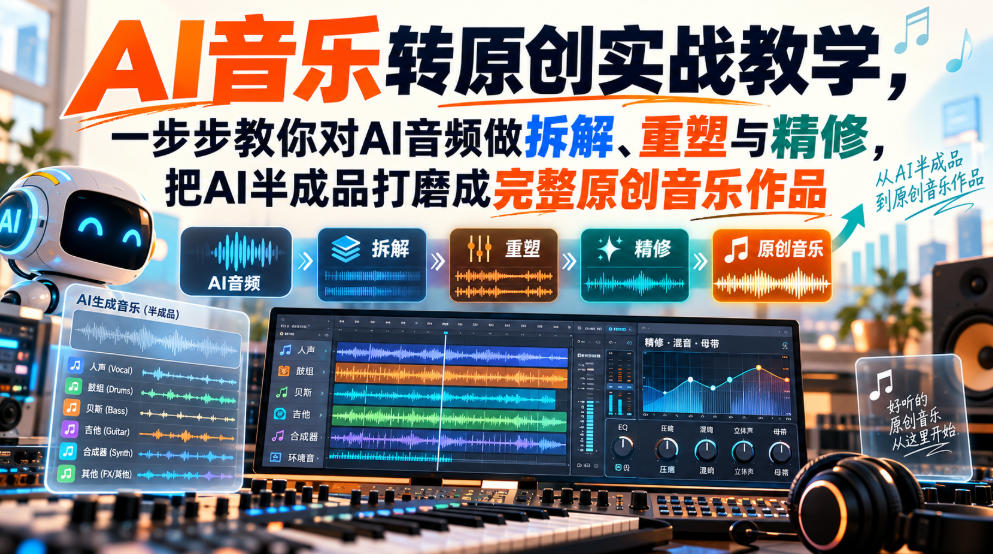 AI音乐转原创实战教学，一步步教你对AI音频做拆解、重塑与精修，把AI半成品打磨成完整原创音乐作品-91副业网