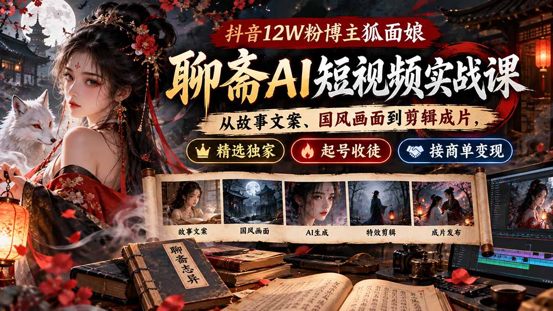 抖音12W粉博主狐面娘-聊斋AI短视频实战课：从故事文案、国风画面到剪辑成片，精选独家+起号收徒+接商单变现-91副业网