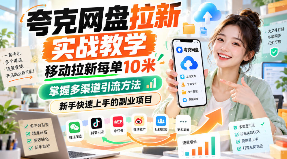 夸克网盘拉新实战教学,移动拉新每单10米,掌握多渠道引流方法,新手快速上手的副业项目-91副业网