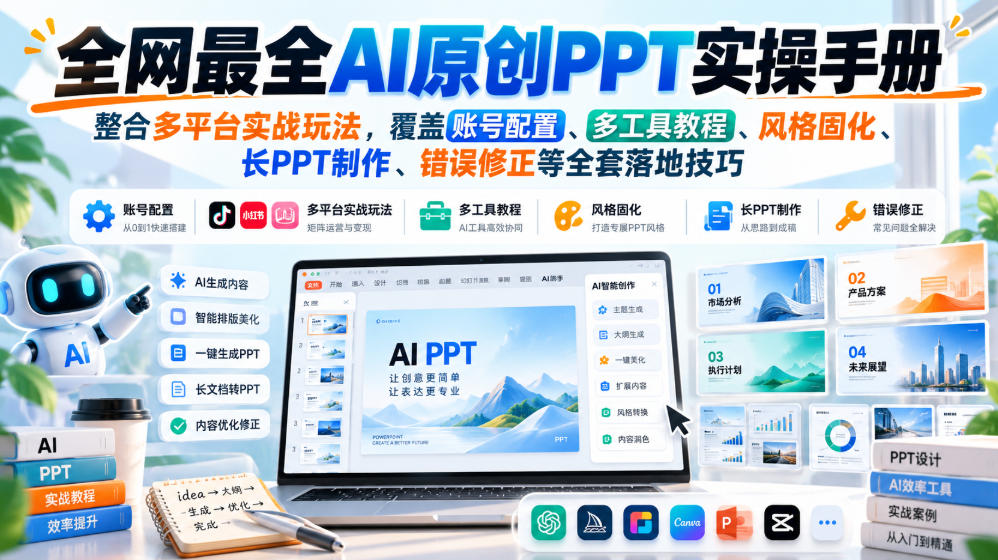 全网最全AI原创PPT实操手册，整合多平台实战玩法，覆盖账号配置、多工具教程、风格固化、长PPT制作、错误修正等全套落地技巧-91副业网