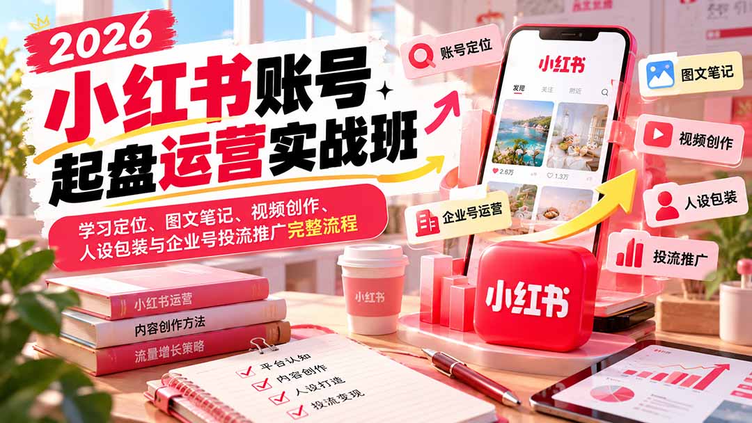 2026小红书账号起盘运营实战班：学习定位、图文笔记、视频创作、人设包装与企业号投流推广完整流程-91副业网