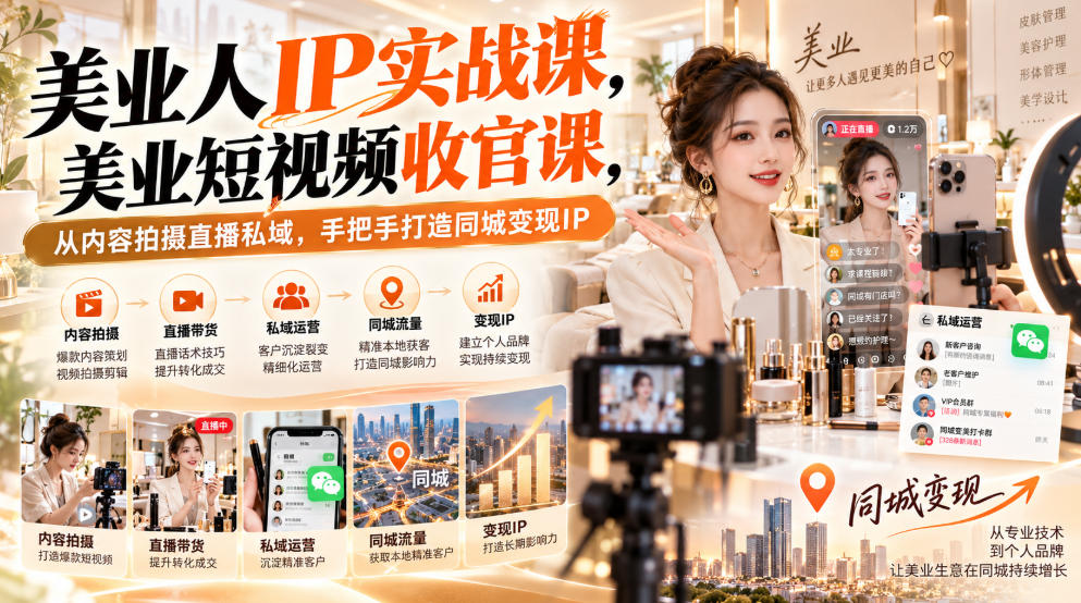 【无水印】美业人IP实战课,美业短视频收官课,从内容拍摄直播私域,手把手打造同城变现IP-91副业网