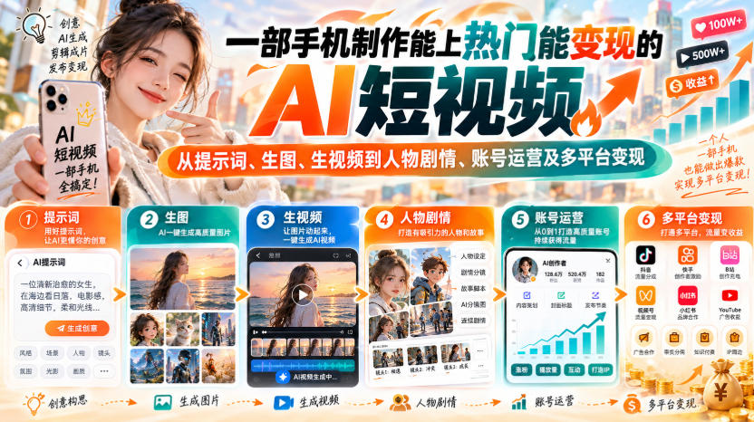 【无水印】一部手机制作能上热门能变现的AI短视频,从提示词、生图、生视频到人物剧情、账号运营及多平台变现-91副业网