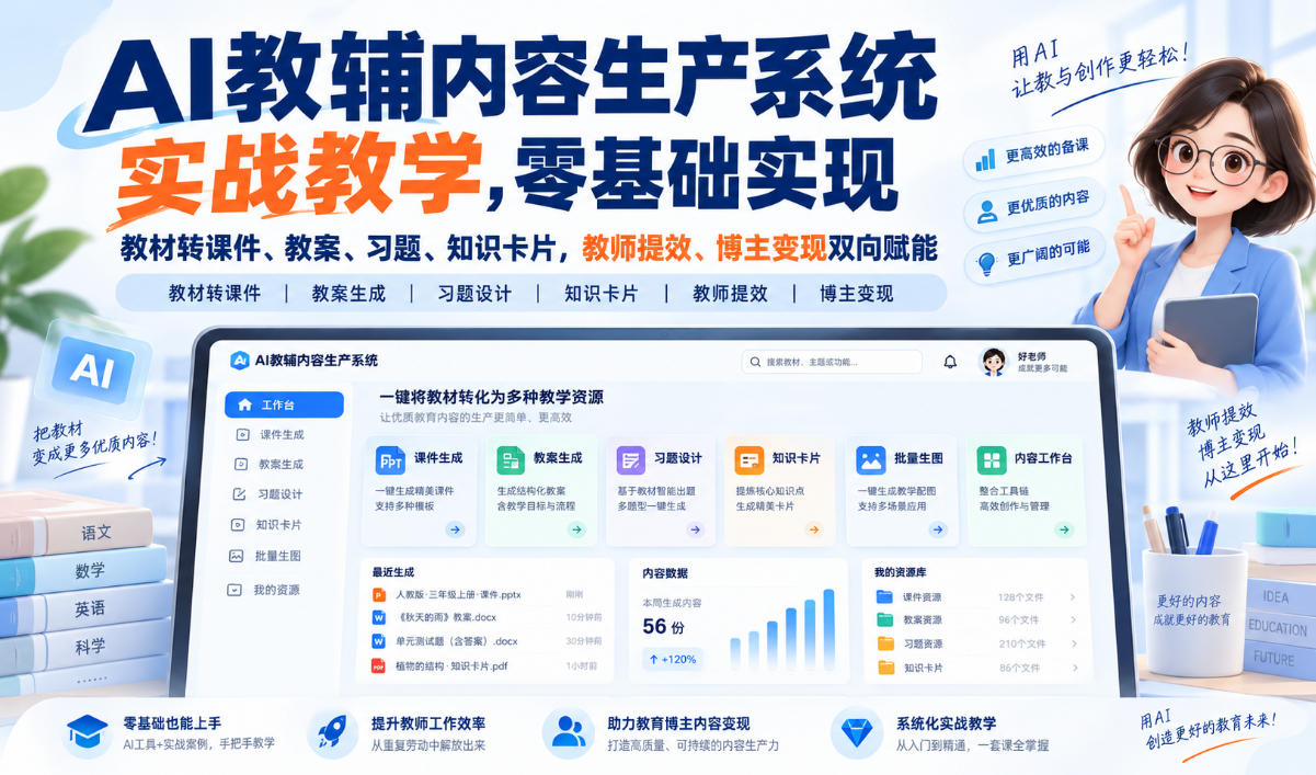 【无水印】AI教辅内容生产系统实战教学,零基础实现教材转课件、教案、习题、知识卡片,教师提效、博主变现双向赋能(更新0926)-91副业网