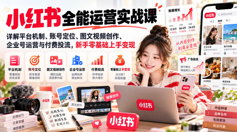 小红书全能运营实战课，详解平台机制、账号定位、图文视频创作、企业号运营与付费投流，新手零基础上手变现-91副业网
