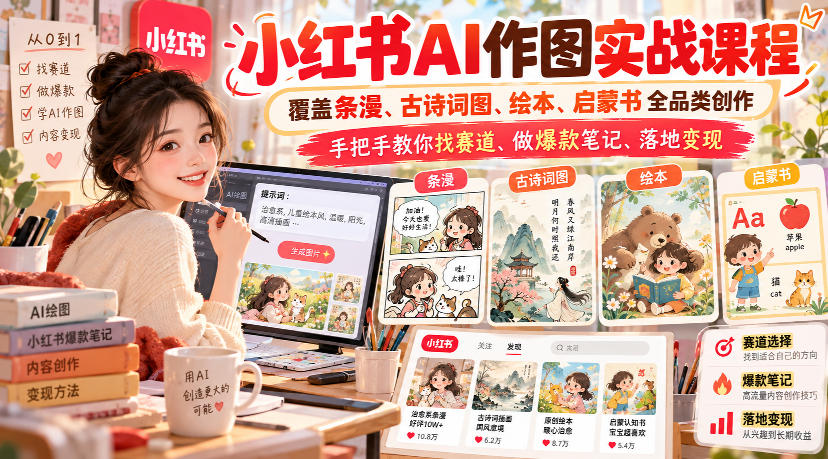 小红书AI作图实战课程，覆盖条漫、古诗词图、绘本、启蒙书全品类创作，手把手教你找赛道、做爆款笔记、落地变现-91副业网