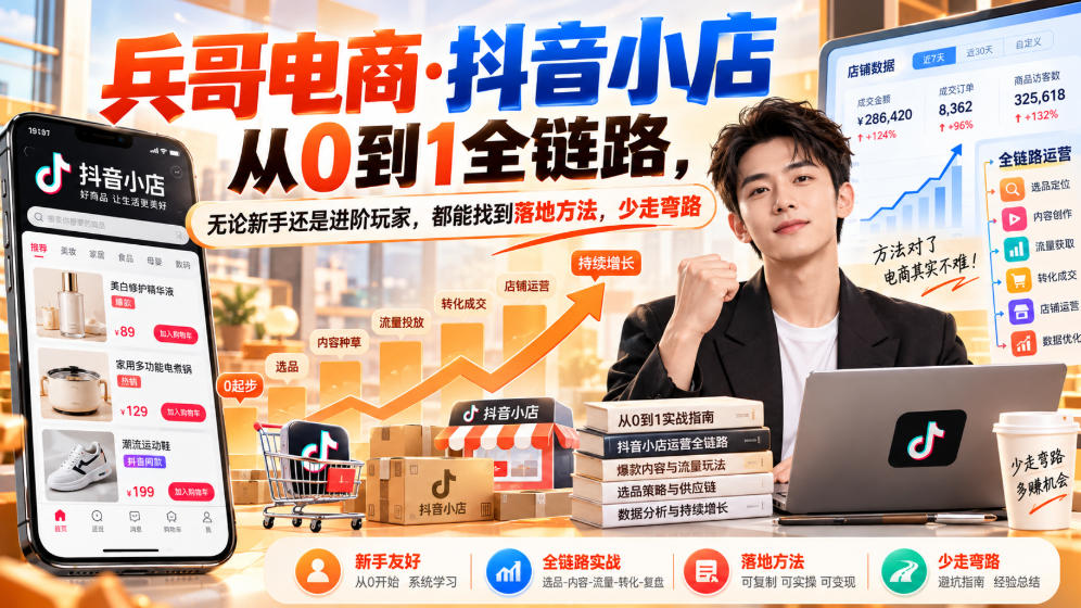 【无水印】兵哥电商·抖音小店从0到1全链路,无论新手还是进阶玩家,都能找到落地方法,少走弯路(更新9月)-91副业网