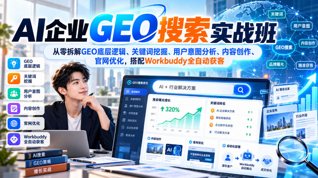 AI企业GEO搜索实战班，从零拆解GEO底层逻辑、关键词挖掘、用户意图分析、内容创作、官网优化，搭配Workbuddy全自动获客-91副业网