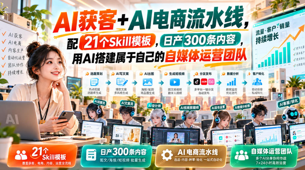 AI获客+AI电商流水线,配21个Skill模板,日产300条内容,用AI搭建属于自己的自媒体运营团队-91副业网