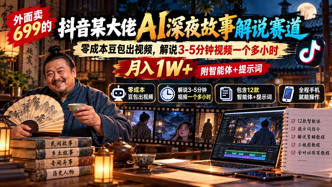 外面卖699的抖音某大佬AI深夜故事解说赛道：零成本豆包出视频，解说3-5分钟视频一个多小时，月入1W+附智能体+提示词-91副业网