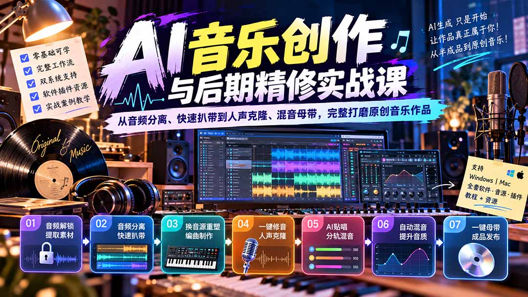 AI音乐创作与后期精修实战课:从音频分离、快速扒带到人声克隆、混音母带,完整打磨原创音乐作品-91副业网