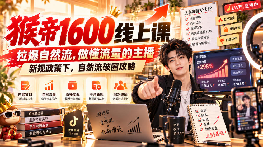 猴帝1600线上课，拉爆自然流，做懂流量的主播，新规政策下，自然流破圈攻略【更新260926】-91副业网