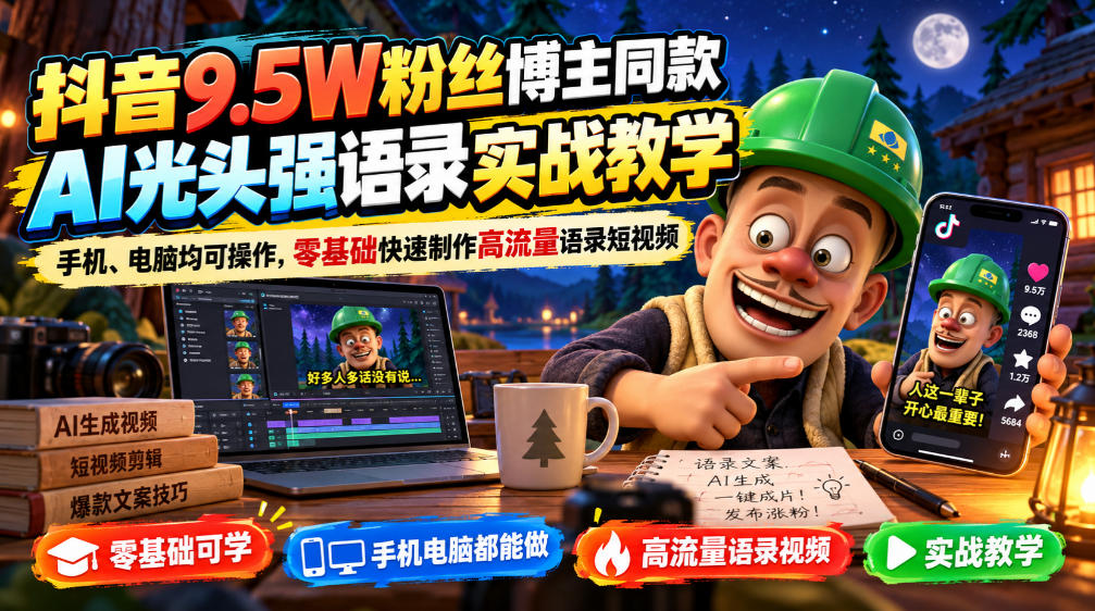 抖音9.5W粉丝博主同款AI光头强语录实战教学,手机、电脑均可操作,零基础快速制作高流量语录短视频-91副业网