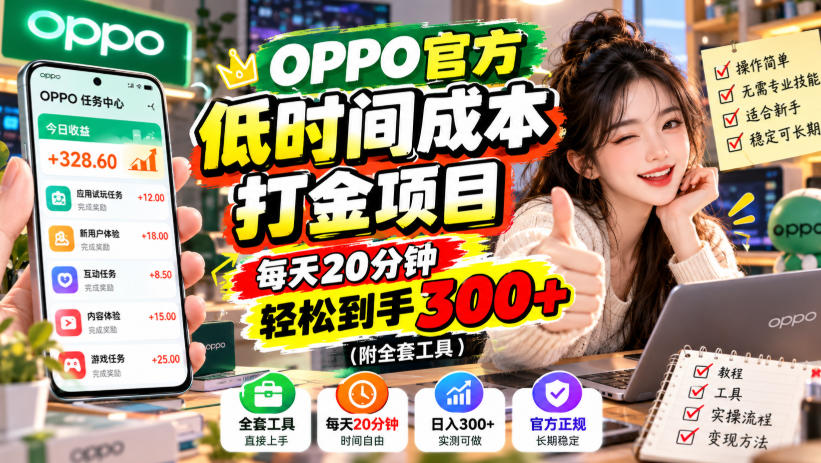 OPPO官方低时间成本打金项目，每天20分钟，轻松到手300+(附全套工具)【揭秘】-91副业网