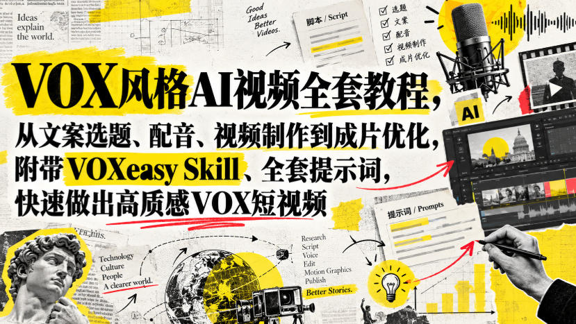 VOX风格AI视频全套教程，从文案选题、配音、视频制作到成片优化，附带VOXeasy Skill、全套提示词，快速做出高质感VOX短视频-91副业网