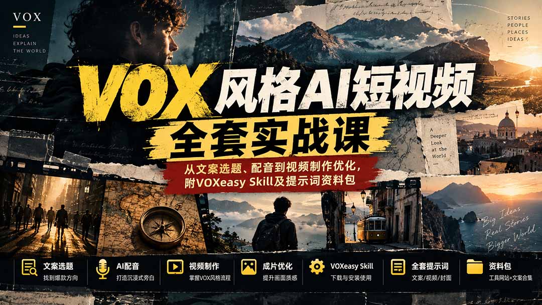 【无水印】VOX风格AI短视频全套实战课:从文案选题、配音到视频制作优化,附VOXeasy Skill及提示词资料包-91副业网