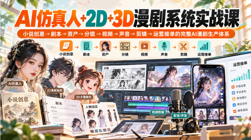 【无水印】AI仿真人+2D+3D漫剧系统实战课,小说创意→剧本→资产→分镜→视频→声音→剪辑→运营接单的完整AI漫剧生产体系-91副业网