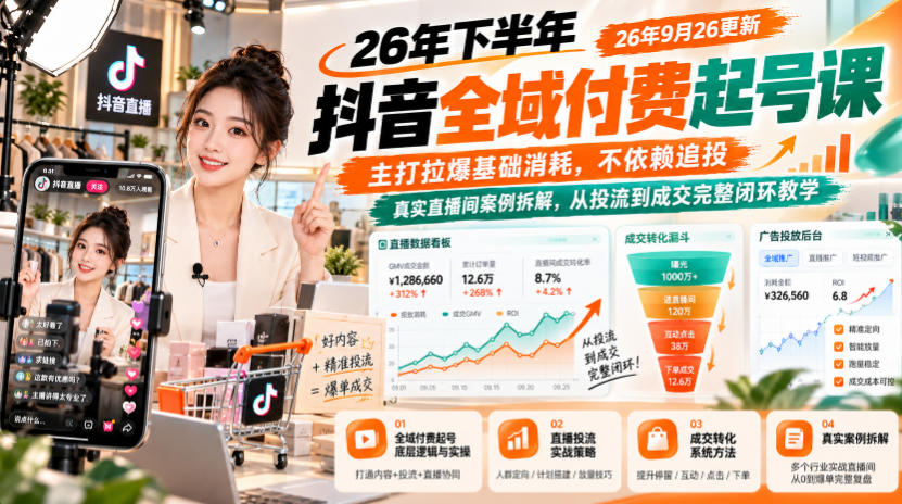 26年下半年抖音全域付费起号课26年9月26更新,主打拉爆基础消耗,不依赖追投,真实直播间案例拆解,从投流到成交完整闭环教学-91副业网