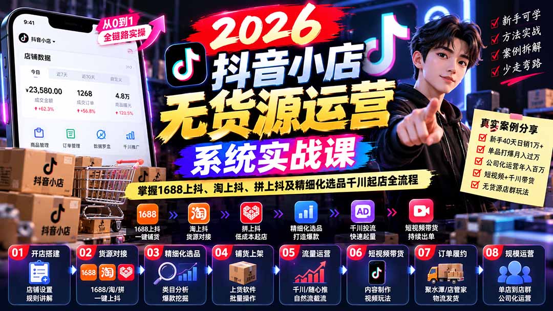 【无水印】2026抖音小店无货源运营系统实战课:掌握1688上抖、淘上抖、拼上抖及精细化选品千川起店全流程-91副业网