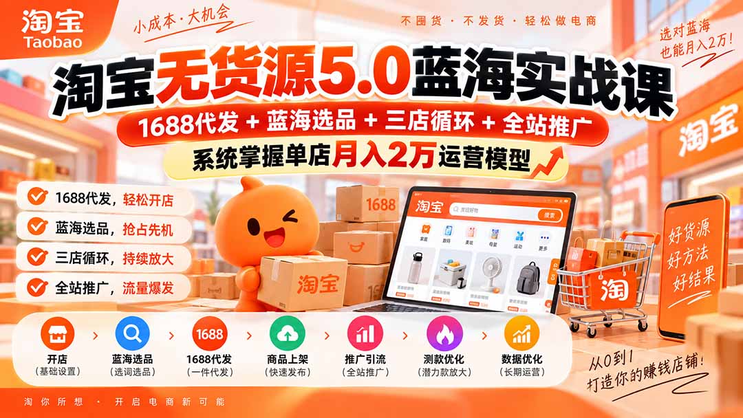 淘宝无货源5.0蓝海实战课-更新0927：1688代发+蓝海选品+三店循环+全站推广，系统掌握单店月入2万运营模型-91副业网